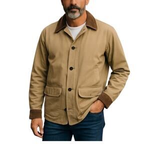 L.L. Bean Khaki Tan Brown Corduroy Trim Vintage Chore Field Barn Jacket Coat L